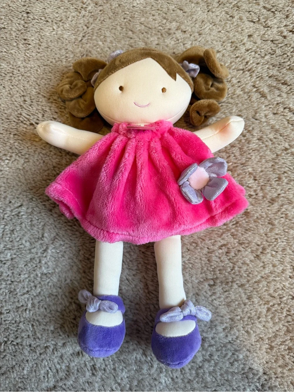 Soft Plush Girl Doll in Bright Pink Dress with Purple Shoes